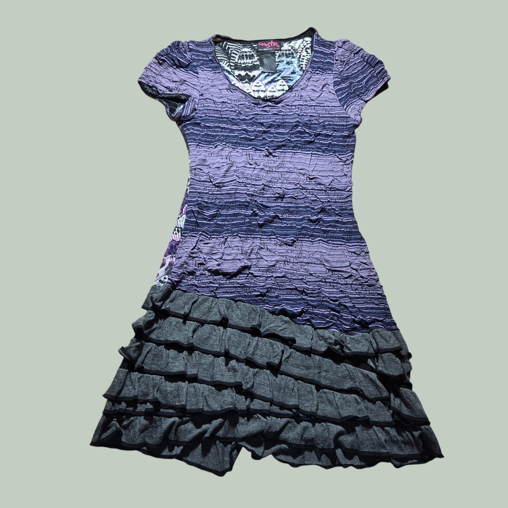 Custo Barcelona Custo Line Y2K Euro Ruffle Dress Purple Grey Print Size 2